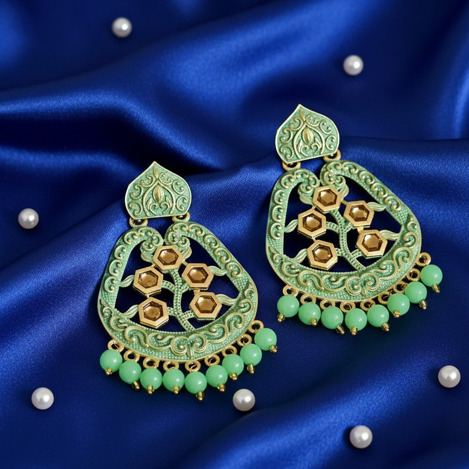 JewelMaze Green Matte Meenakari Dangler Beads Drop Earrings -1318002I