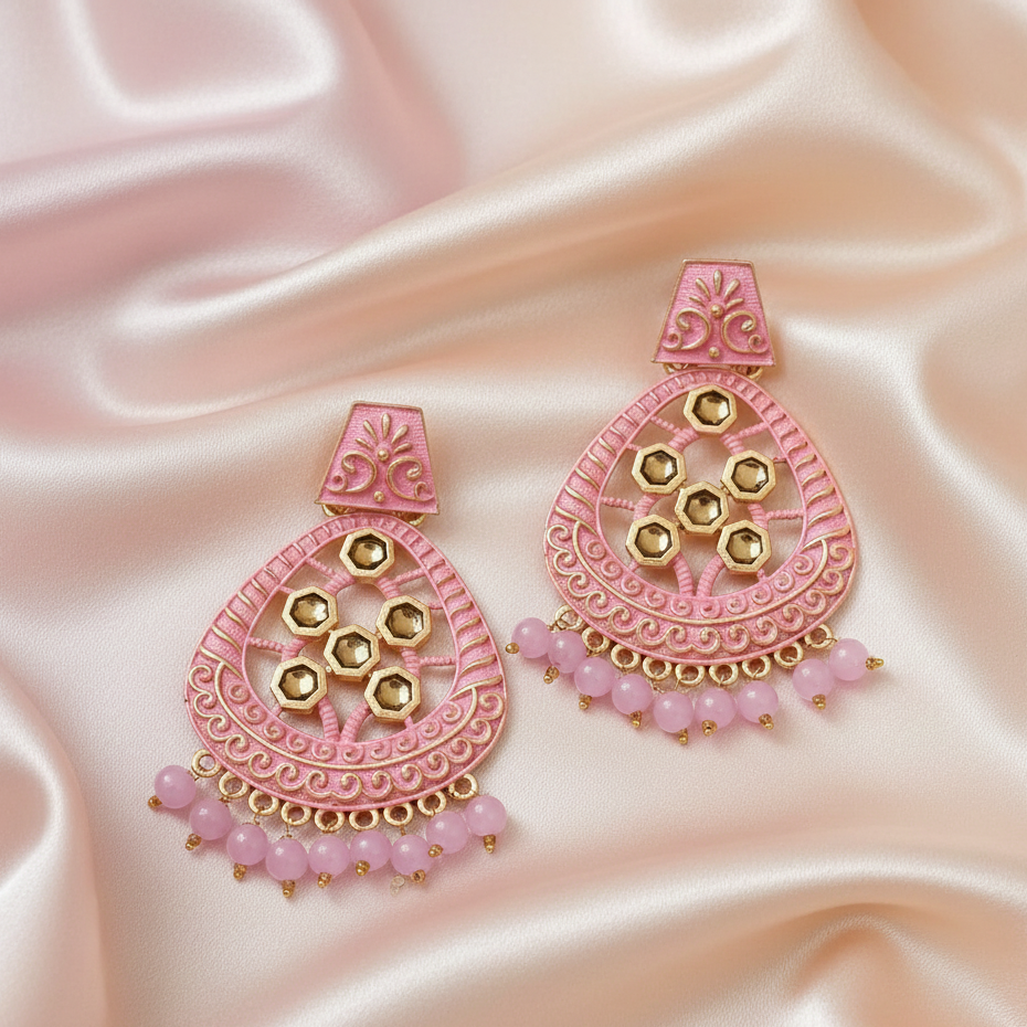 JewelMaze Pink Matte Meenakari Dangler Beads Drop Earrings -1318003C