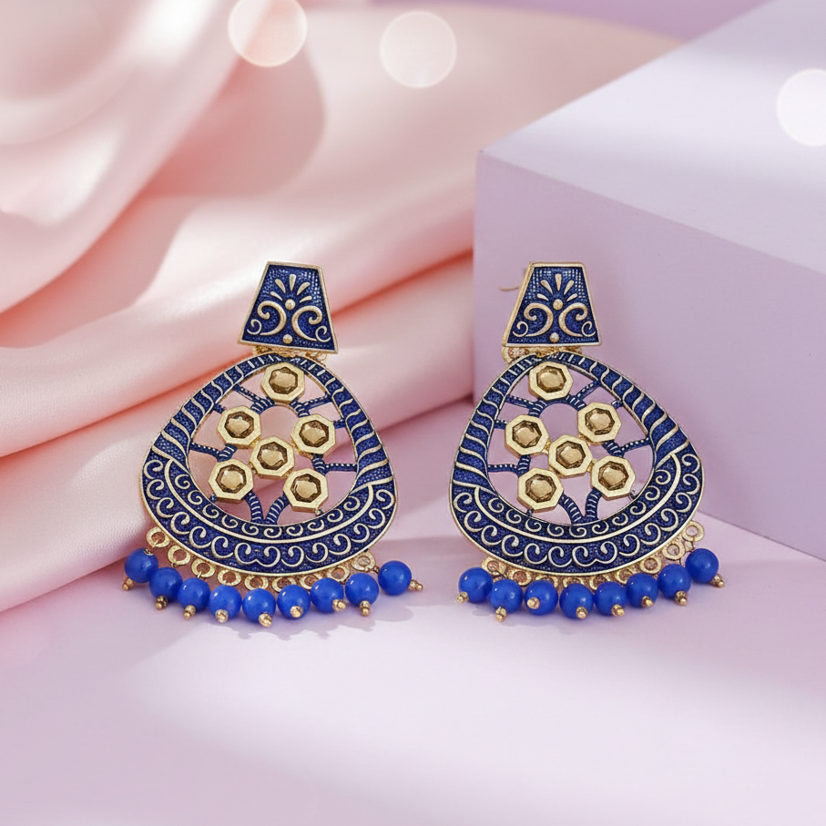 JewelMaze Blue Matte Meenakari Dangler Beads Drop Earrings -1318003E