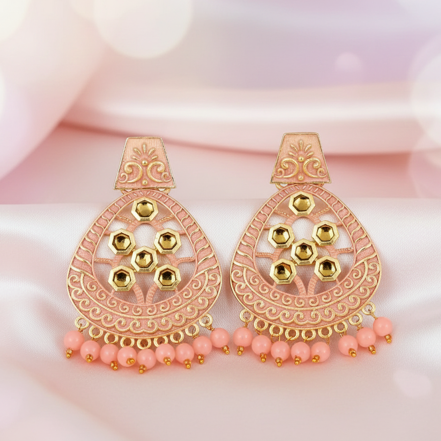 JewelMaze Peach Matte Meenakari Dangler Beads Drop Earrings -1318003H