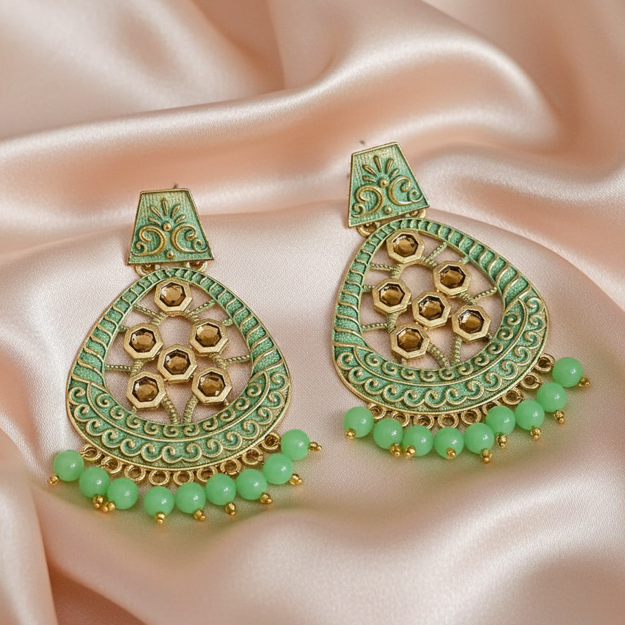 JewelMaze Green Matte Meenakari Dangler Beads Drop Earrings -1318003I