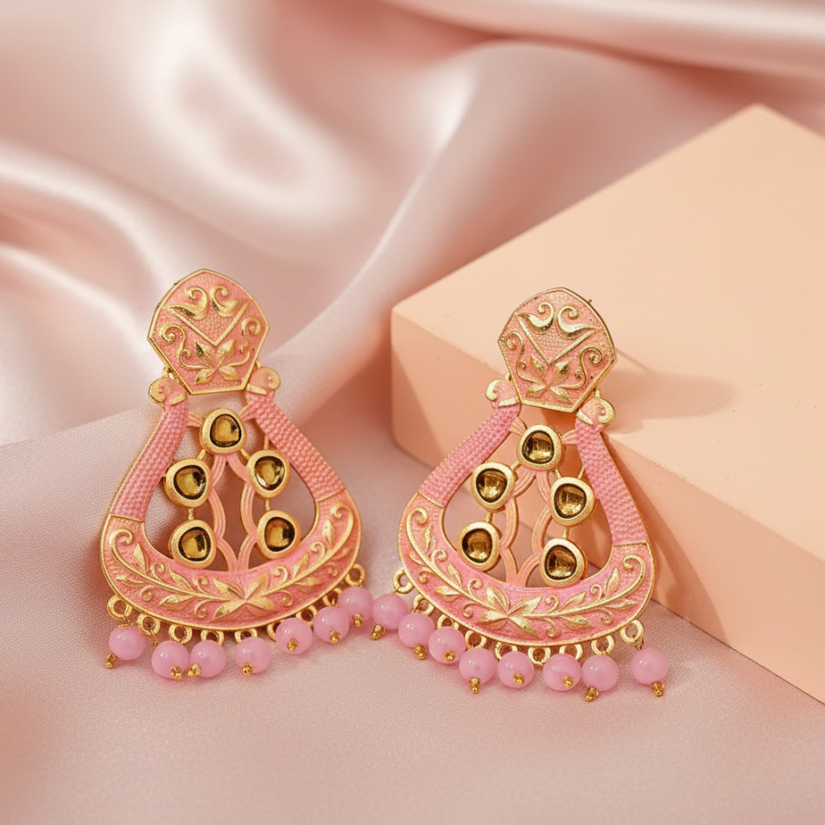 JewelMaze Pink Matte Meenakari Dangler Beads Drop Earrings -1318004C