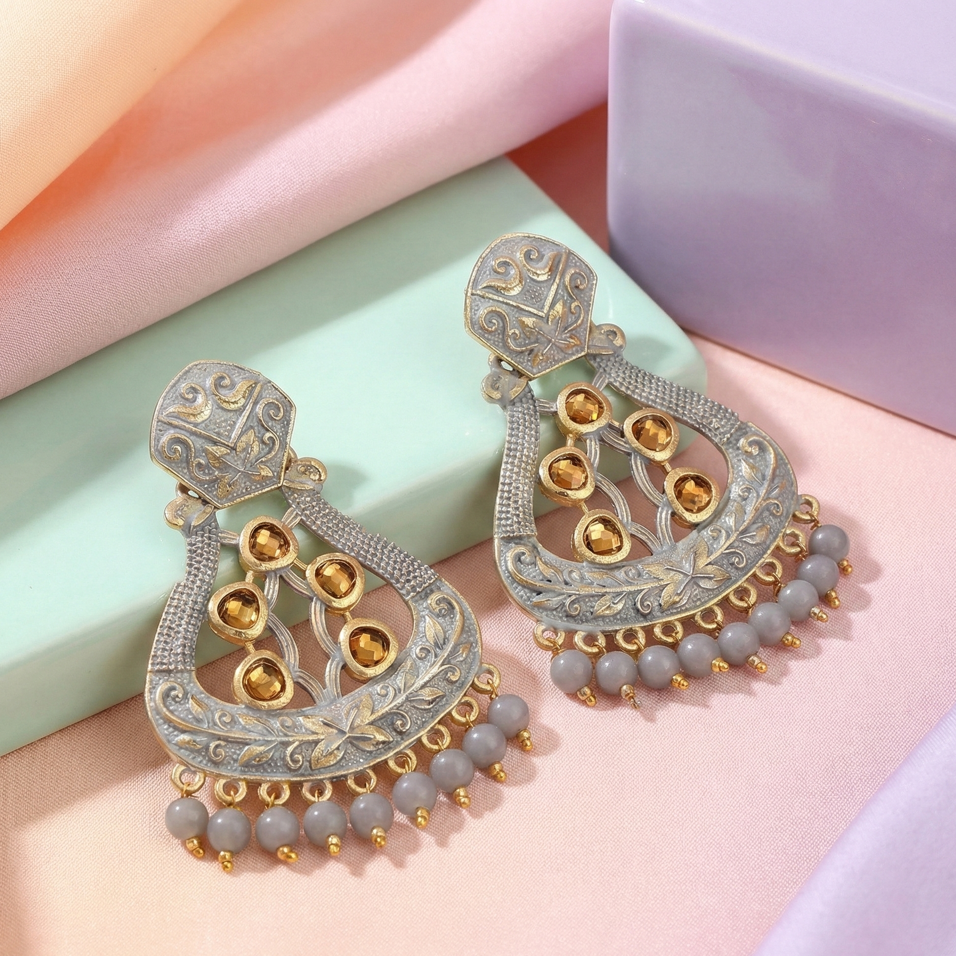 JewelMaze Grey Matte Meenakari Dangler Beads Drop Earrings -1318004D