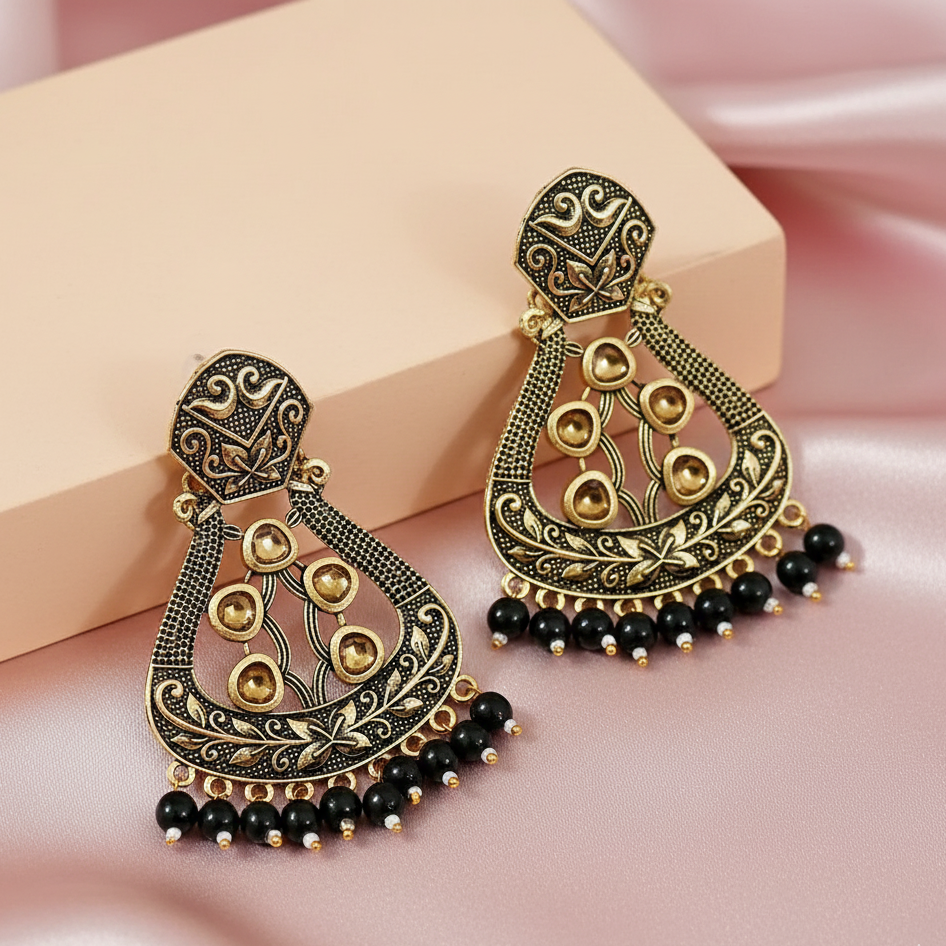 JewelMaze Black Matte Meenakari Dangler Beads Drop Earrings - 1318004F