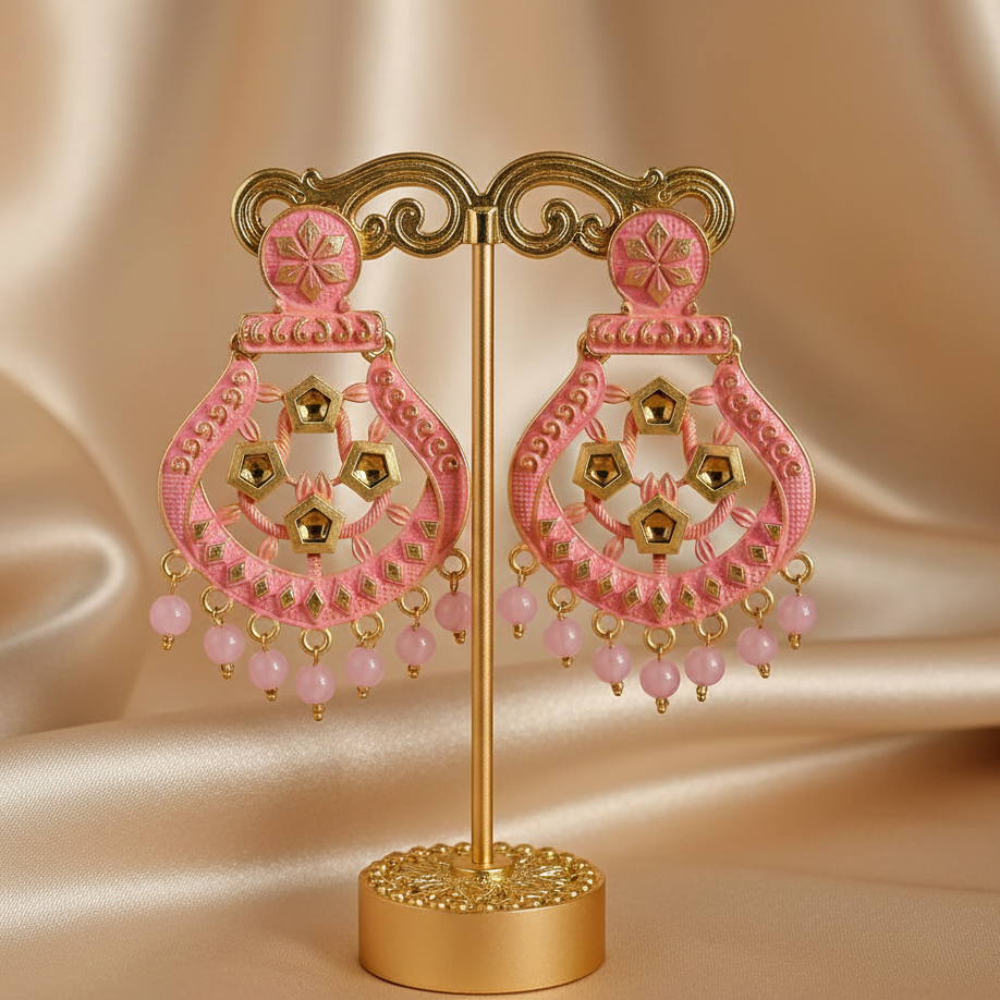 JewelMaze Pink Matte Meenakari Dangler Beads Drop Earrings -1318005C