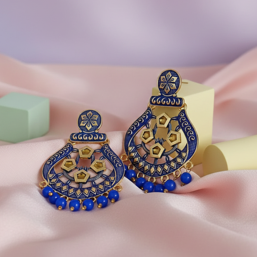 JewelMaze Blue Matte Meenakari Dangler Beads Drop Earrings -1318005E