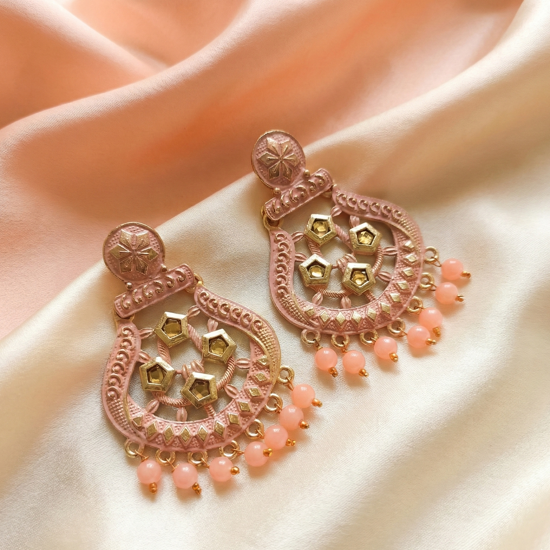 JewelMaze Peach Matte Meenakari Dangler Beads Drop Earrings -1318005H