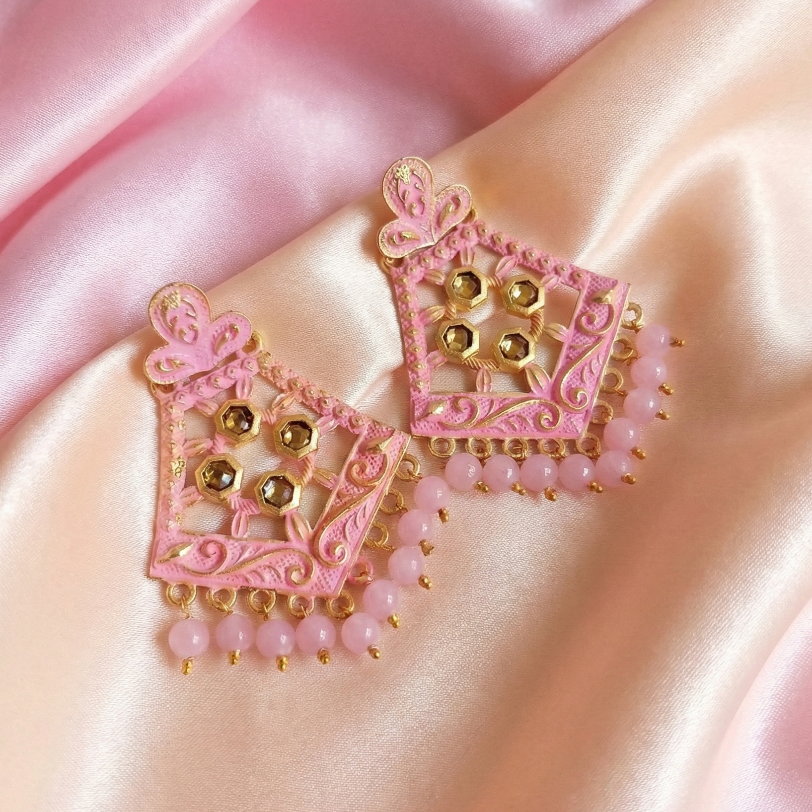 JewelMaze Pink Matte Meenakari Dangler Beads Drop Earrings -1318006C