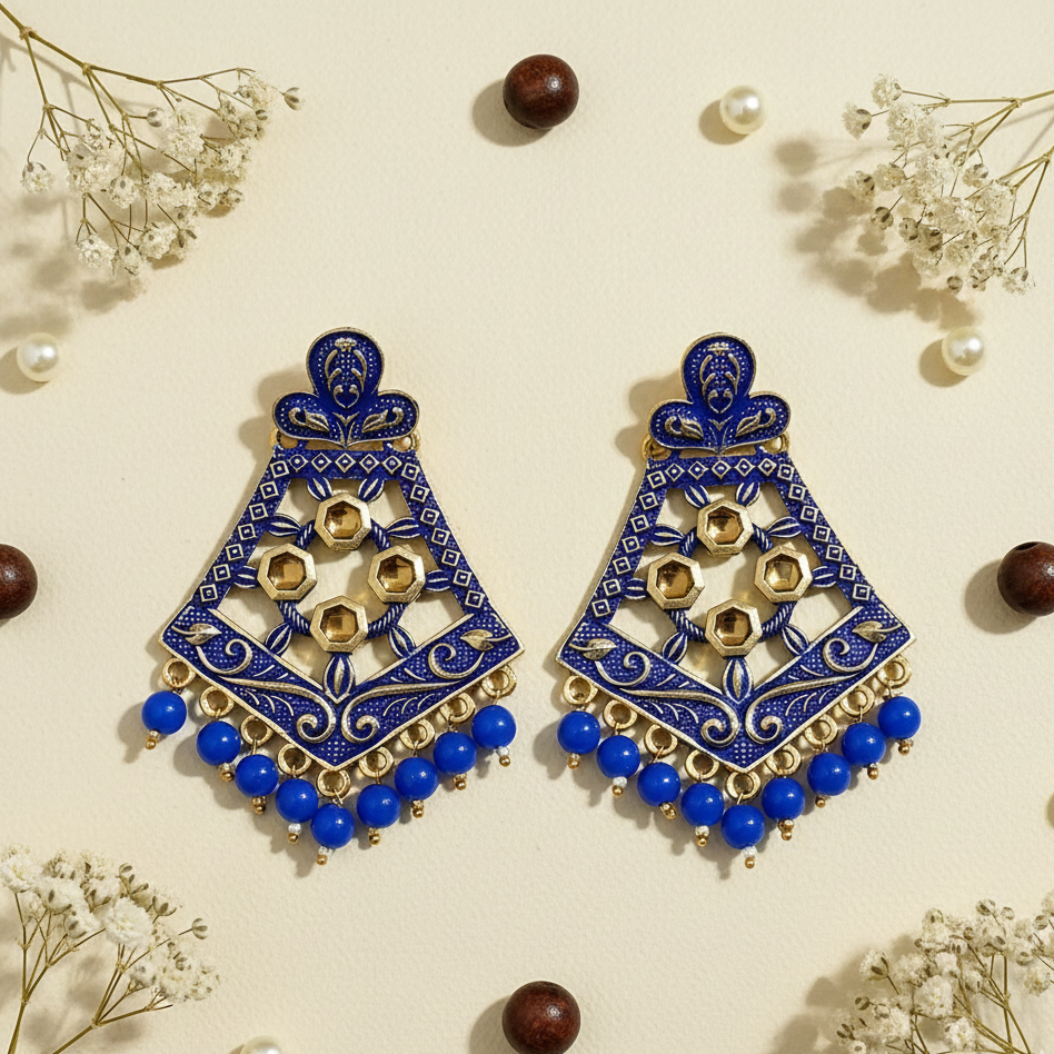 JewelMaze Blue Matte Meenakari Dangler Beads Drop Earrings -1318006E