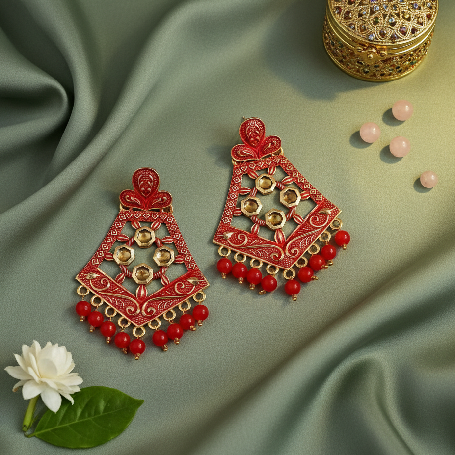 JewelMaze Red Matte Meenakari Dangler Beads Drop Earrings -1318006F