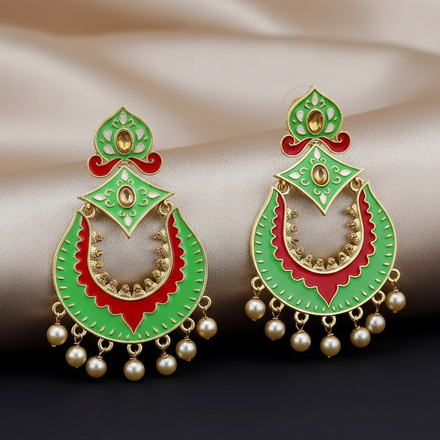 JewelMaze Green Meenakari Kundan Dangler Earrings-1318011K