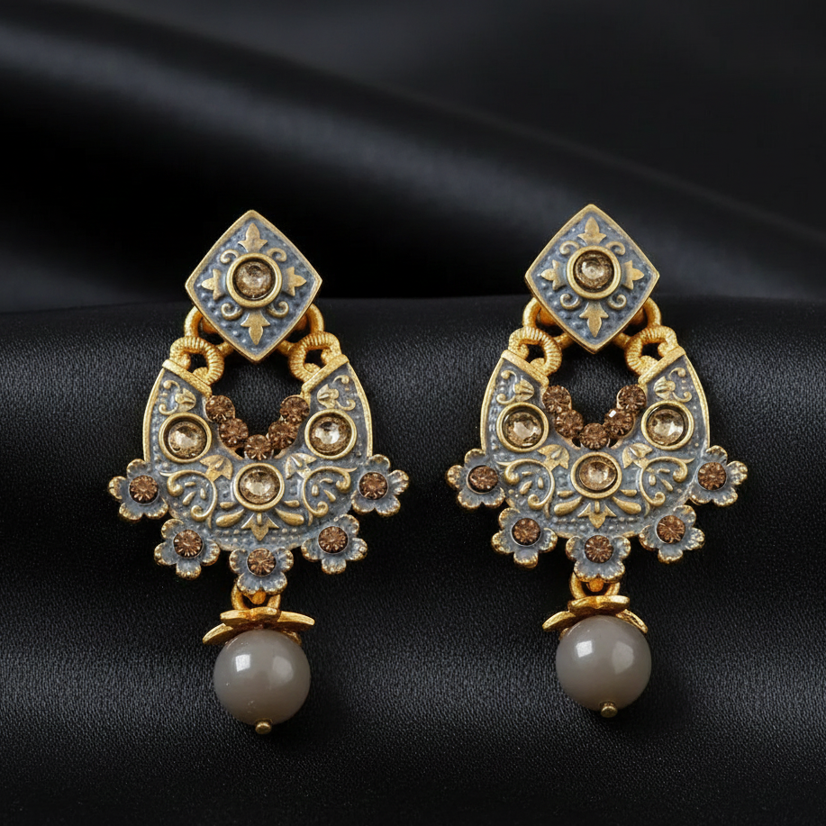 JewelMaze Grey Matte Meenakari Jhumki Earrings-1318058c