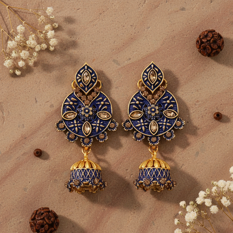 JewelMaze Blue Matte Meenakari Jhumki Earrings -1318059E