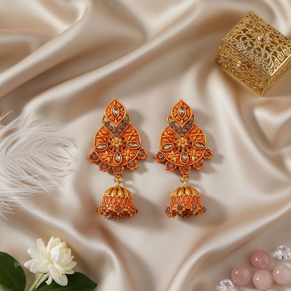 JewelMaze Orange Matte Meenakari Jhumki Earrings -1318059F
