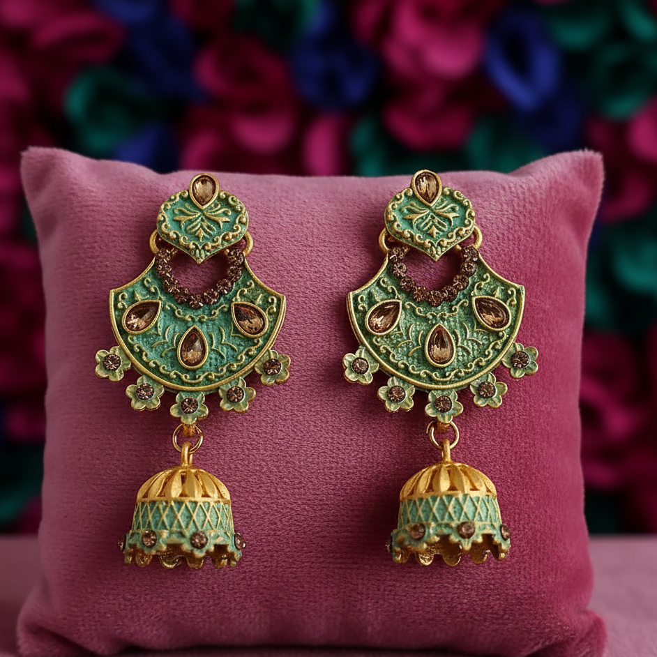 JewelMaze Green Matte Meenakari Jhumki Earrings-1318061b