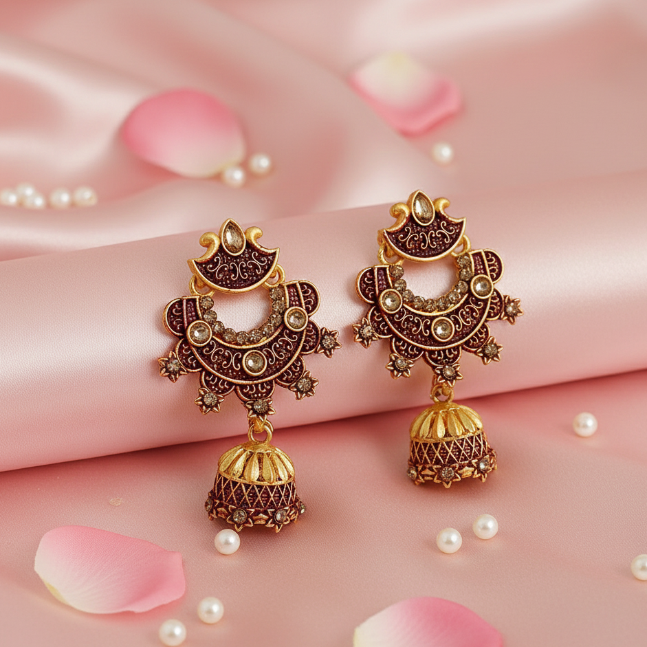 JewelMaze Maroon Matte Meenakari Jhumki Earrings -1318062D