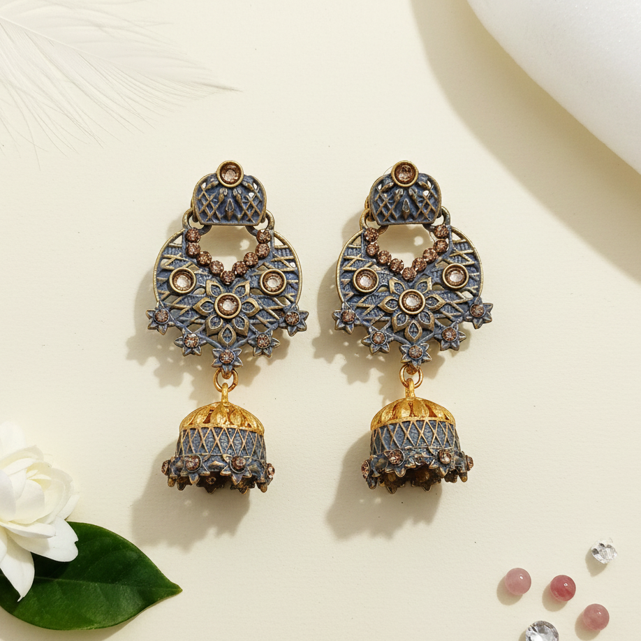 JewelMaze Grey Matte Meenakari Jhumki Earrings -1318065C