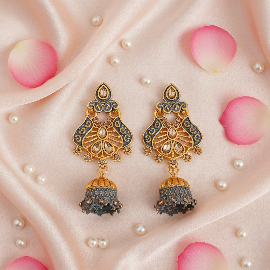 JewelMaze Grey Matte Meenakari Jhumki Earrings -1318066C
