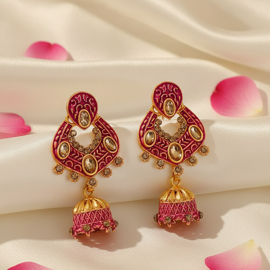 JewelMaze Pink Matte Meenakari Jhumki Earrings -1318067A