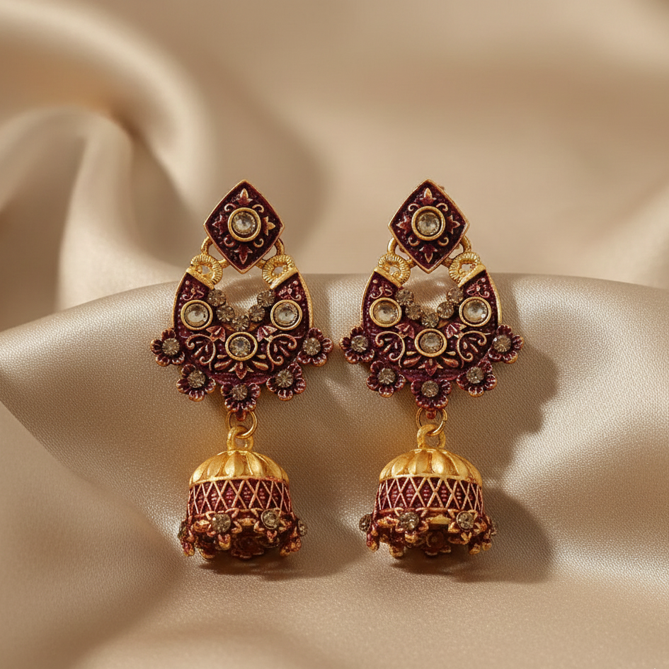 JewelMaze Maroon Matte Meenakari Jhumki Earrings -1318068D