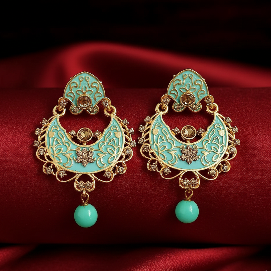 JewelMaze Green Meenakari Matte Dangler Earrings -1318086B