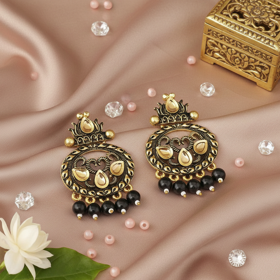 JewelMaze Black Matte Meenakari Dangler Beads Drop Earrings - 1318092E