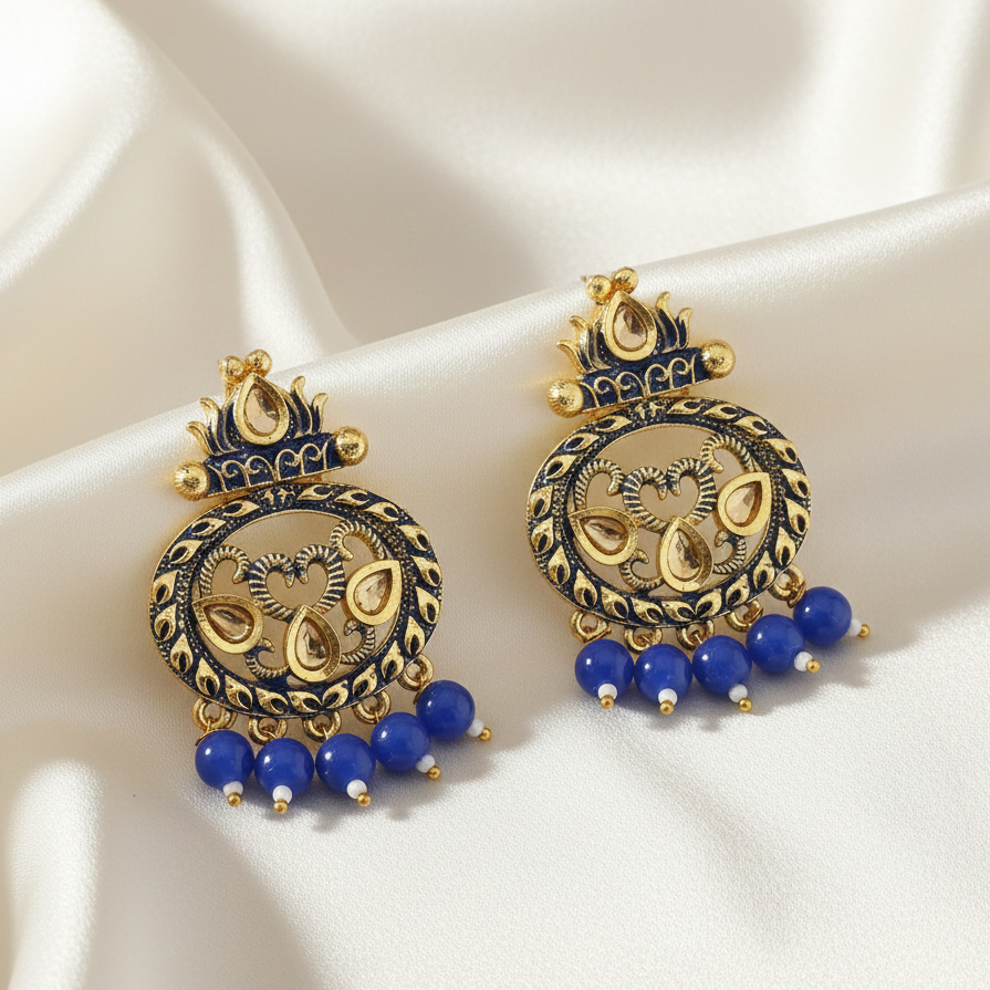 JewelMaze Blue Matte Meenakari Dangler Beads Drop Earrings - 1318092G