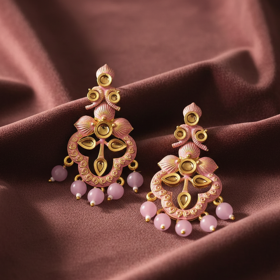 JewelMaze Pink Matte Meenakari Dangler Beads Drop Earrings - 1318093A