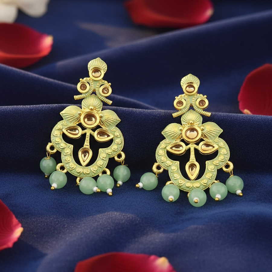 JewelMaze Green Matte Meenakari Dangler Beads Drop Earrings - 1318093B