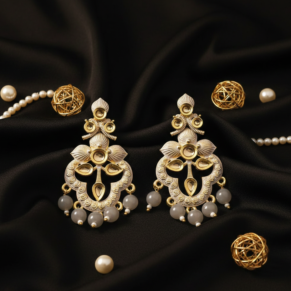 JewelMaze Grey Matte Meenakari Dangler Beads Drop Earrings - 1318093C