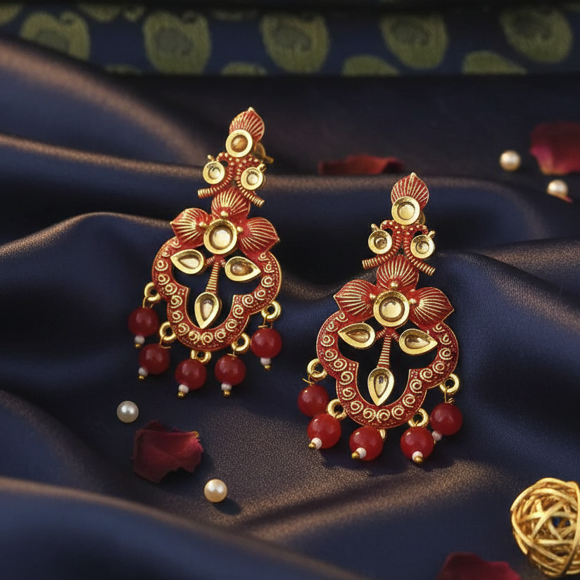 JewelMaze Red Matte Meenakari Dangler Beads Drop Earrings - 1318093F