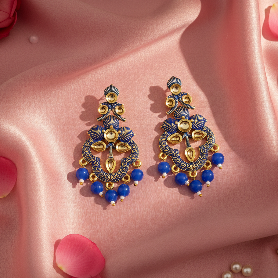 JewelMaze Blue Matte Meenakari Dangler Beads Drop Earrings - 1318093G
