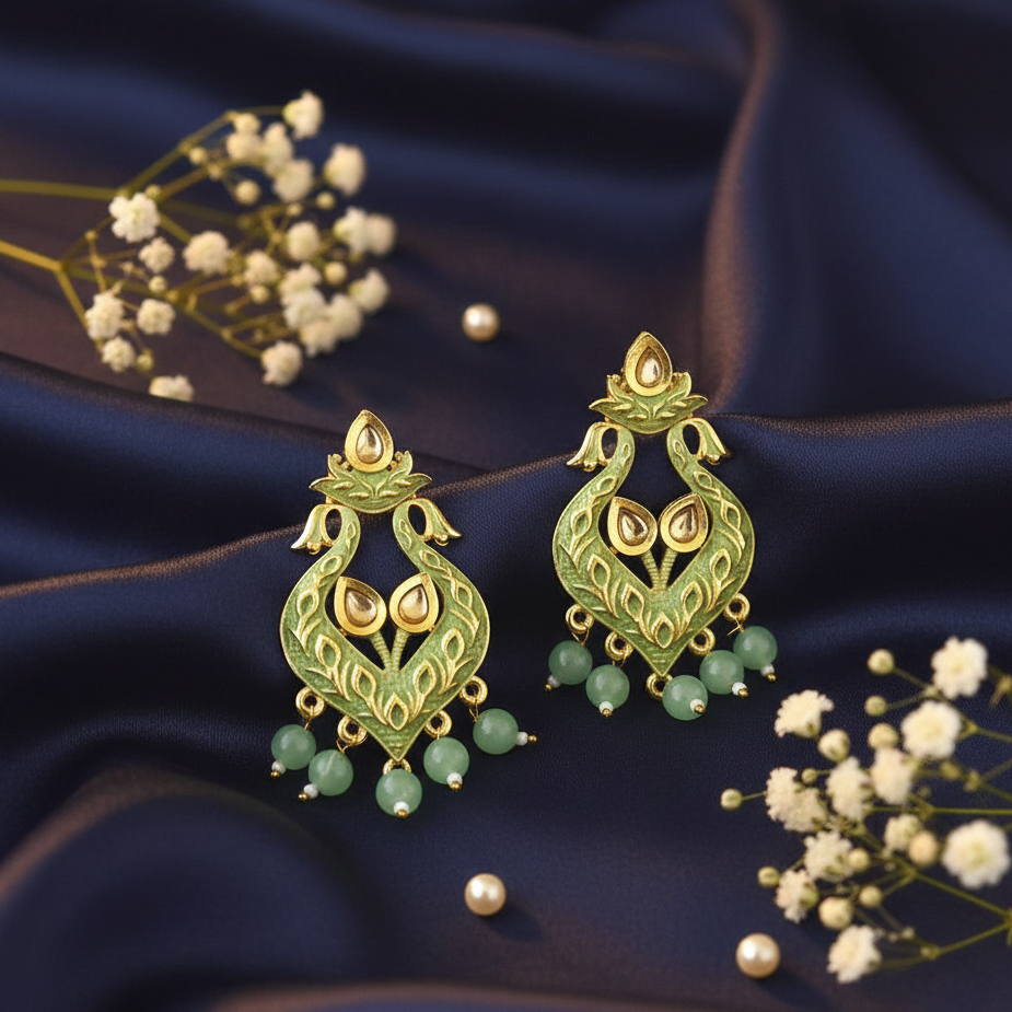 JewelMaze Green Matte Meenakari Dangler Beads Drop Earrings - 1318094B