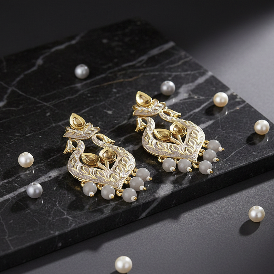 JewelMaze Grey Matte Meenakari Dangler Beads Drop Earrings - 1318094C