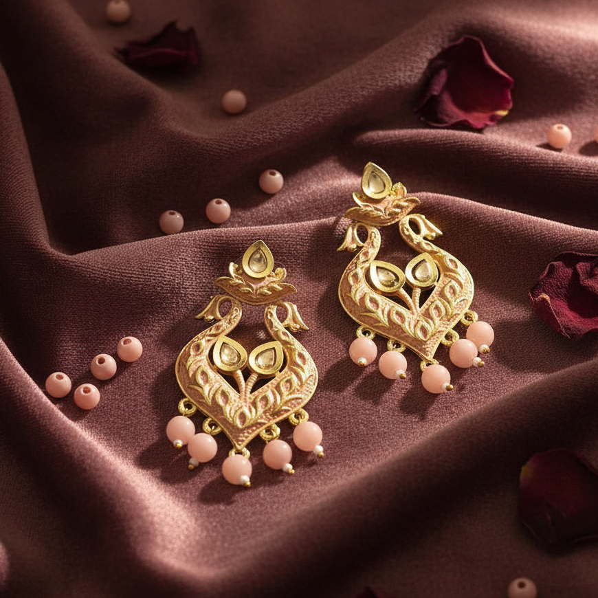 JewelMaze Peach Matte Meenakari Dangler Beads Drop Earrings - 1318094D