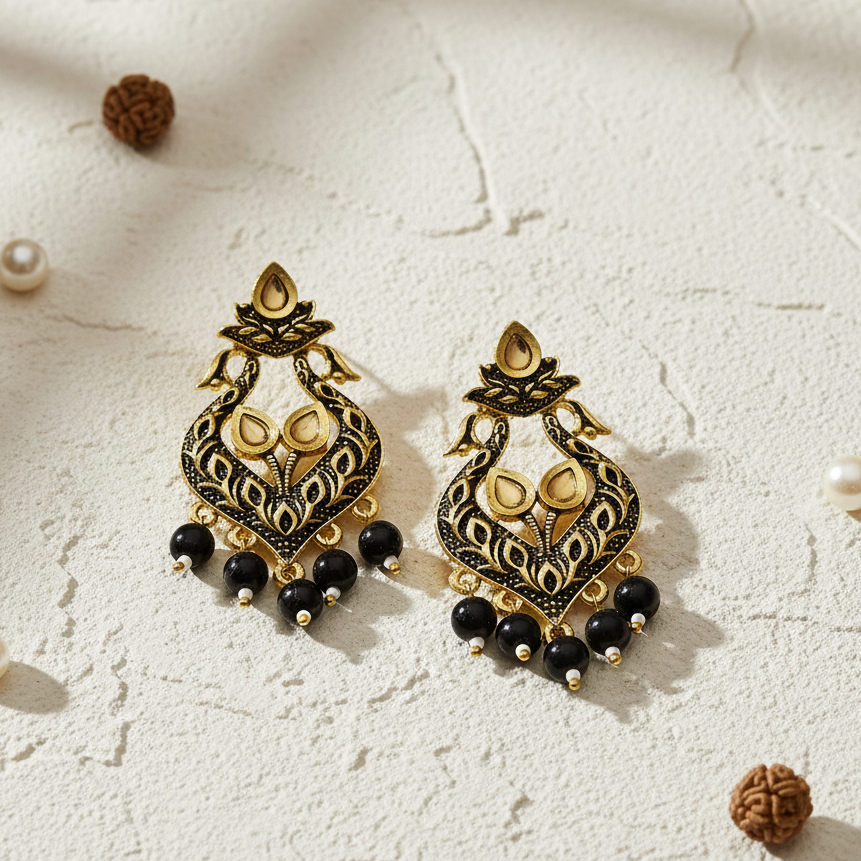 JewelMaze Black Matte Meenakari Dangler Beads Drop Earrings - 1318094E