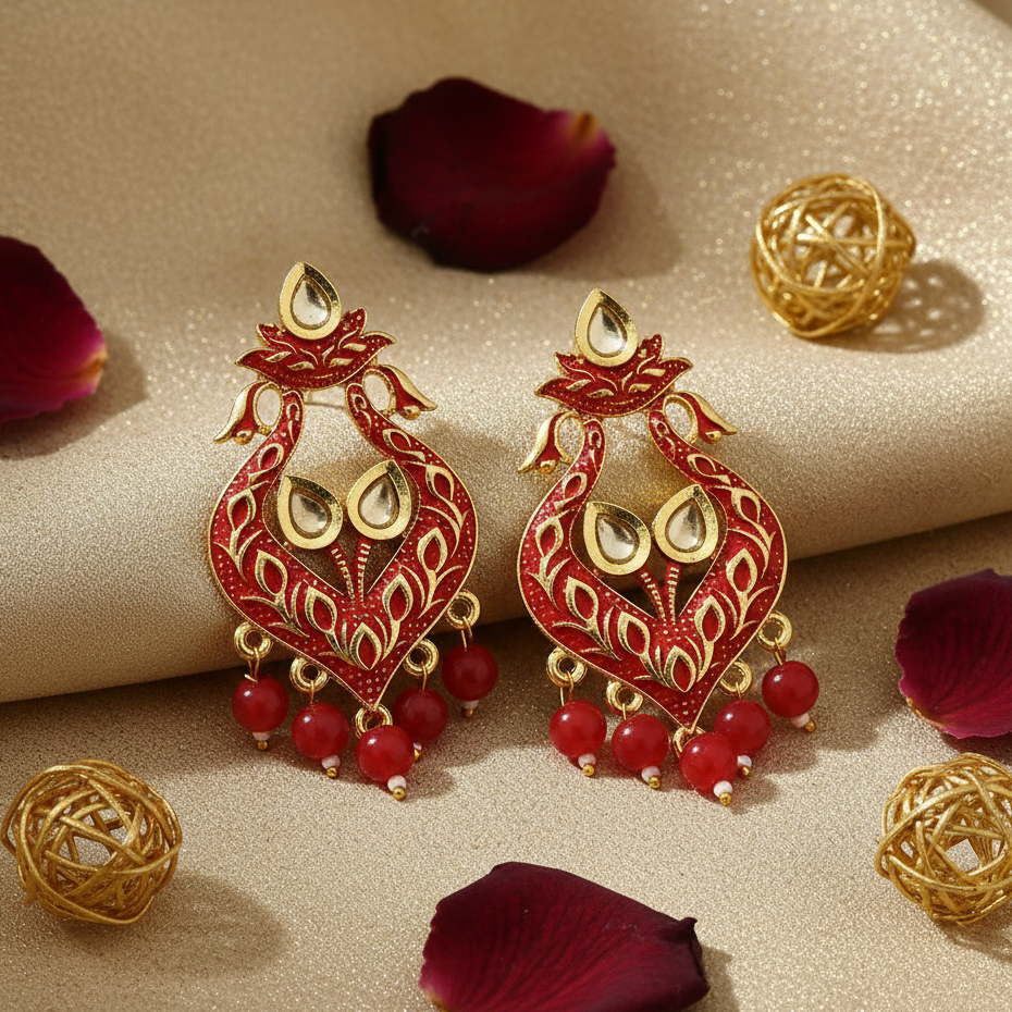 JewelMaze Red Matte Meenakari Dangler Beads Drop Earrings - 1318094F