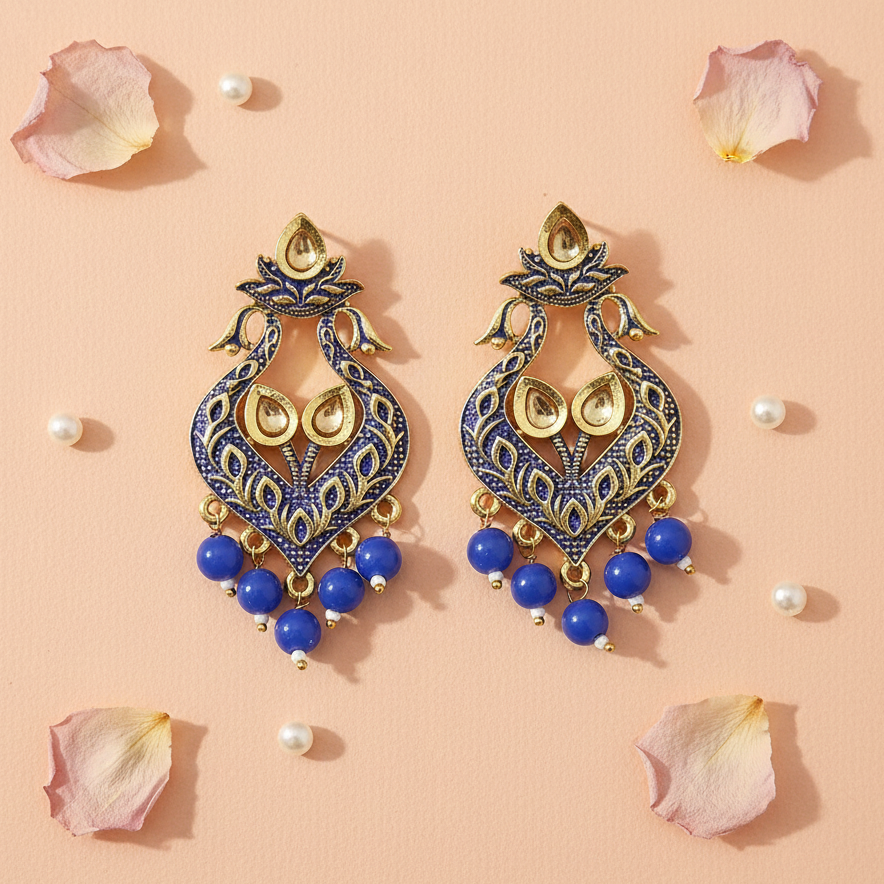 JewelMaze Blue Matte Meenakari Dangler Beads Drop Earrings - 1318094G