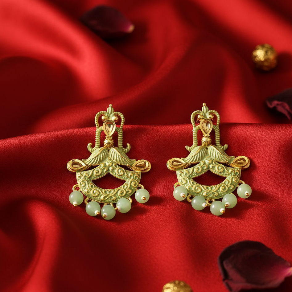 JewelMaze Green Matte Meenakari Dangler Beads Drop Earrings - 1318095B