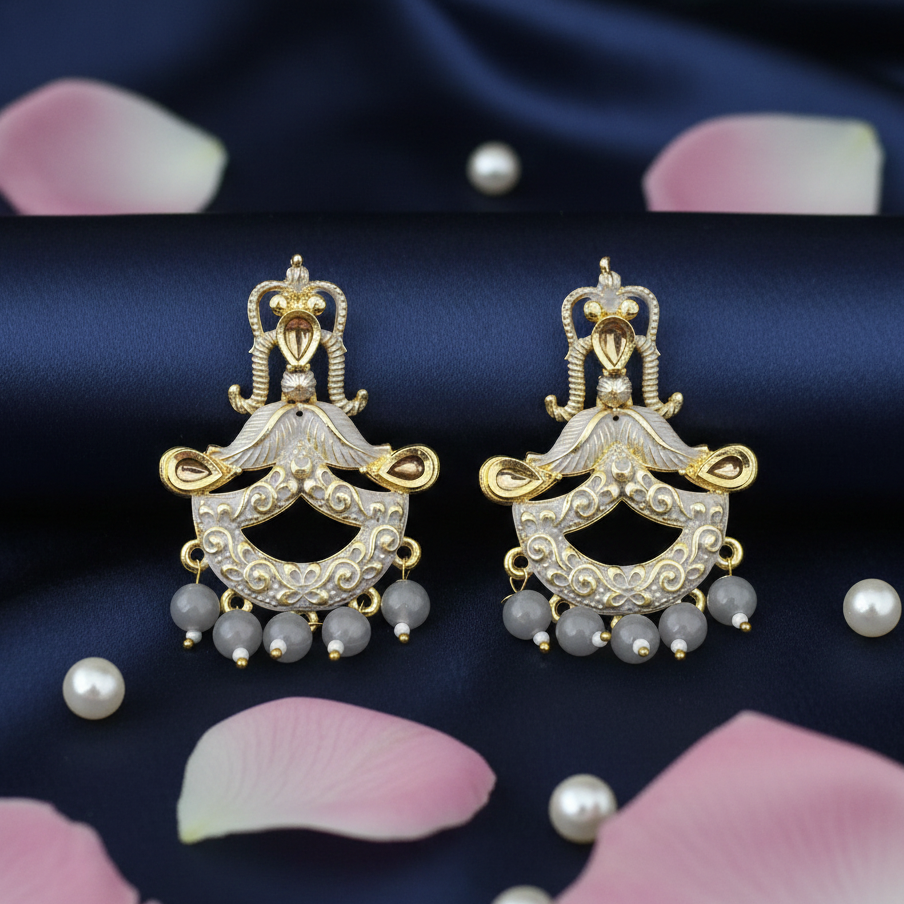 JewelMaze Grey Matte Meenakari Dangler Beads Drop Earrings - 1318095C