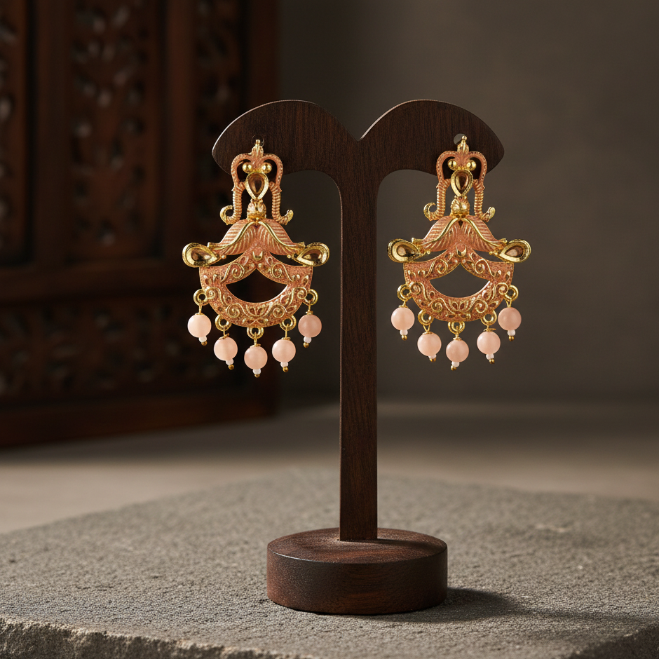 JewelMaze Peach Matte Meenakari Dangler Beads Drop Earrings - 1318095D