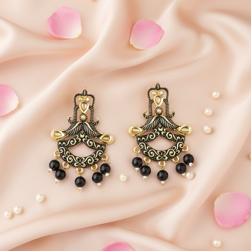 JewelMaze Black Matte Meenakari Dangler Beads Drop Earrings - 1318095E