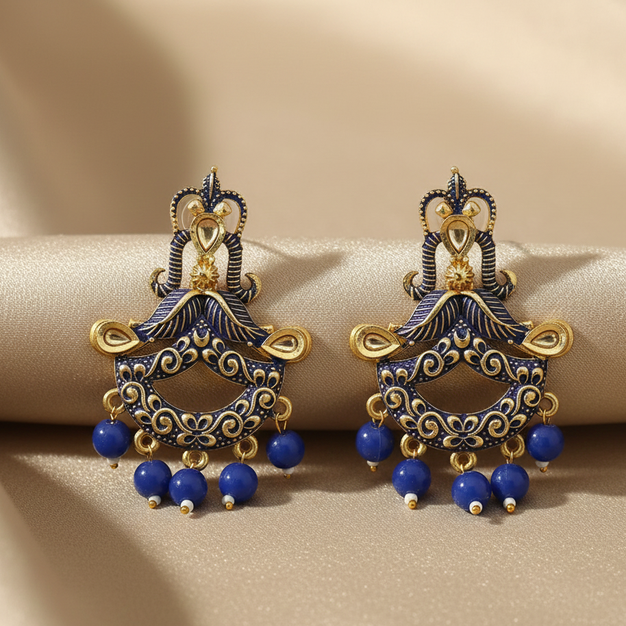 JewelMaze Blue Matte Meenakari Dangler Beads Drop Earrings - 1318095G