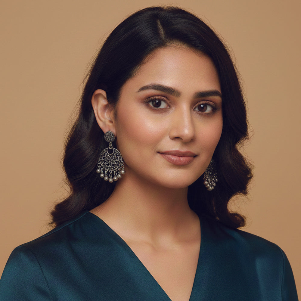 Jewelmaze Oxidised Floral Dangler Earrings