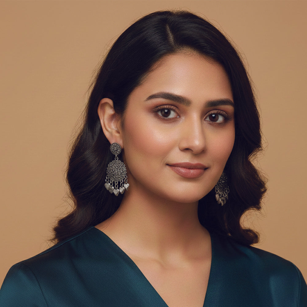 Jewelmaze Oxidised Floral Dangler Earrings