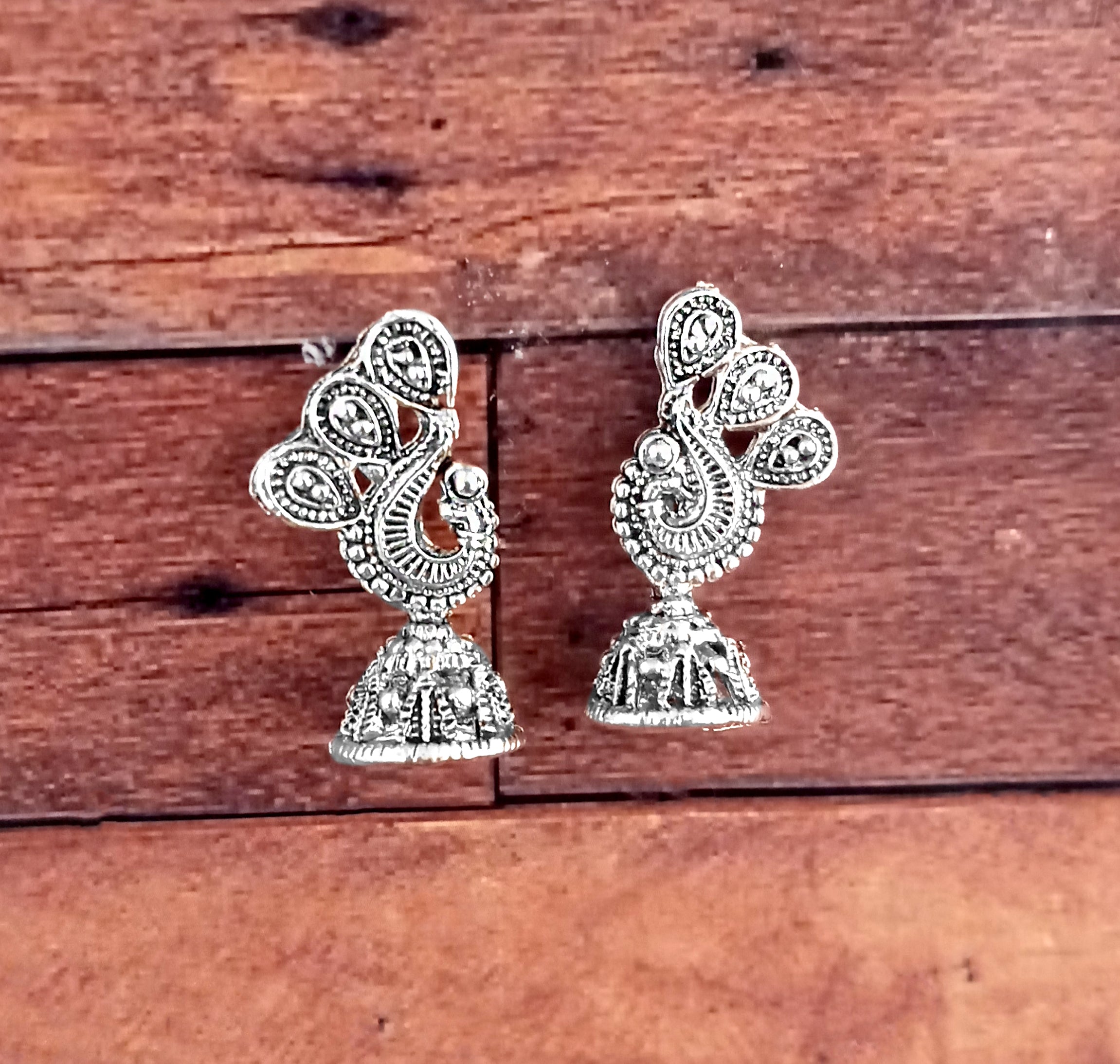 JewelMaze Silver Plated Peacock Small Jhumki Earrings
