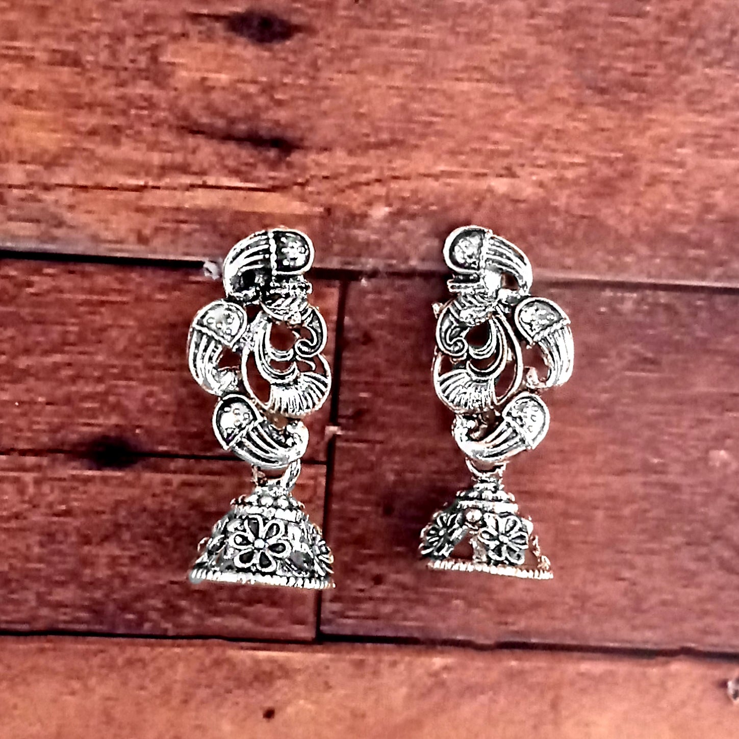 JewelMaze Silver Plated Peacock Small Jhumki Earrings