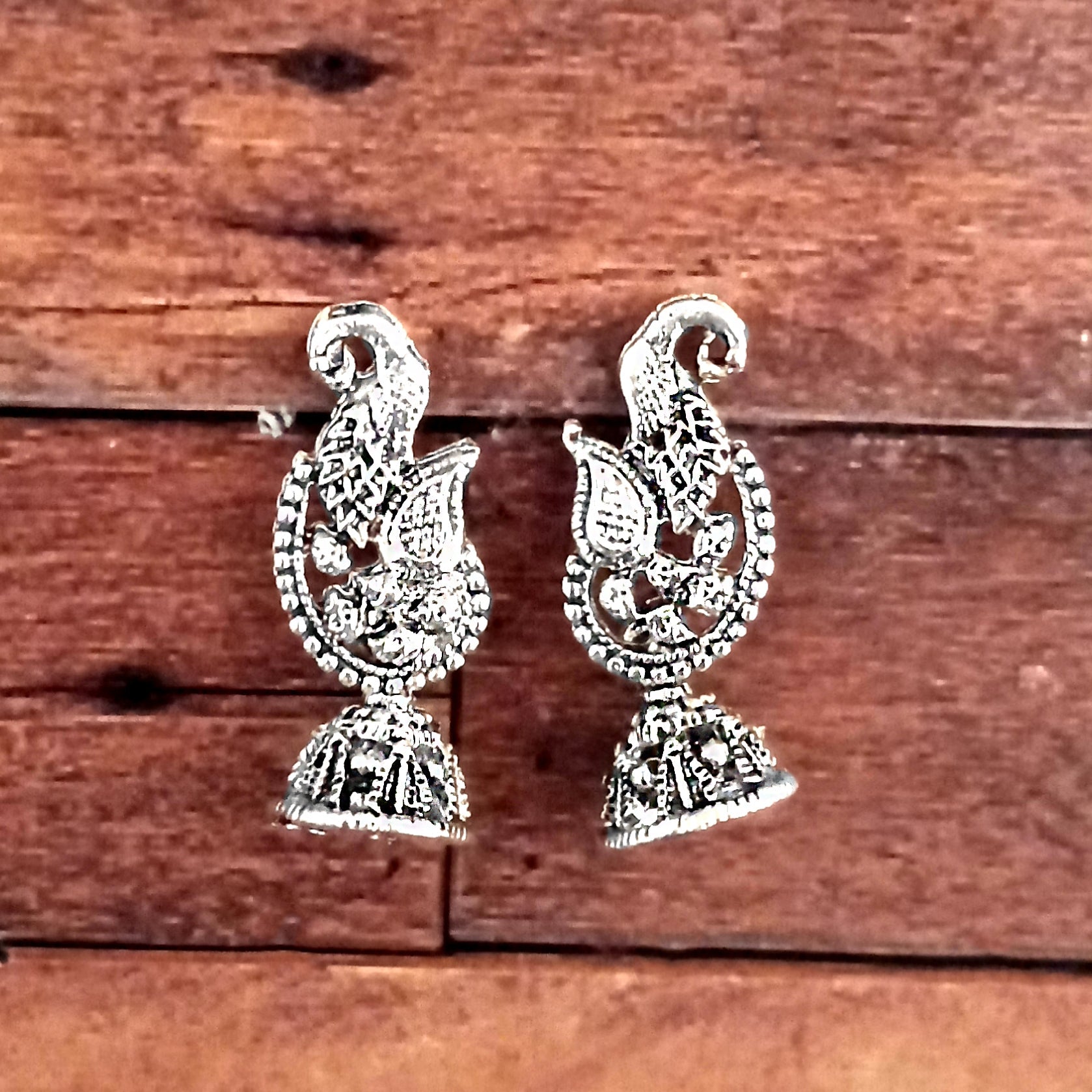 JewelMaze Silver Plated Peacock Small Jhumki Earrings