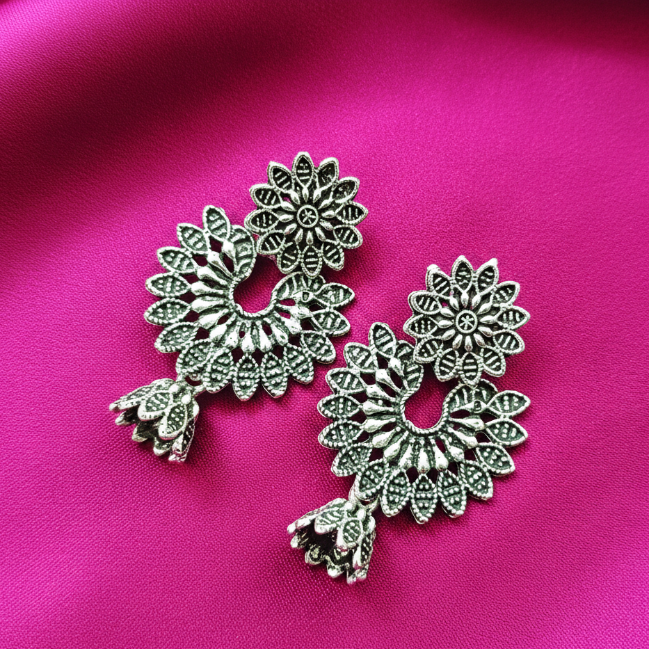 Jewelmaze Oxidised Plated Floral SmallJhumki Earrings
