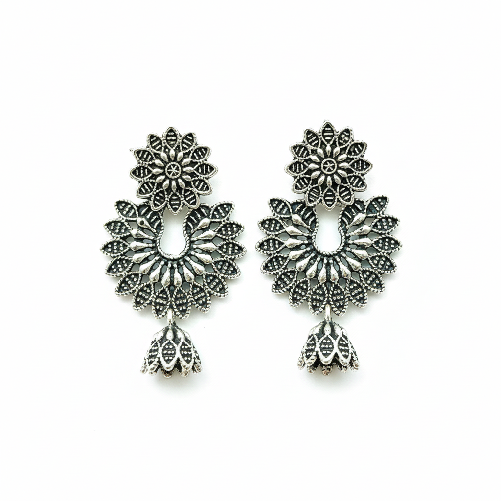 Jewelmaze Oxidised Plated Floral SmallJhumki Earrings